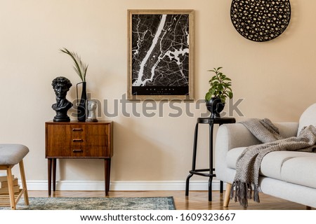 Design scandinavian home interior of living room with mock up poster map, stylish wooden commode, bench, sofa, flowers in vase and elegant personal accessories. Modern home staging. Template. Japandi.