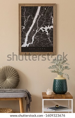 Design scandinavian home interior of living room with mock up poster map, stylish wooden bench, coffee table, vase flowers and elegant accessories. Beige wall. Modern home staging. Template. Japandi.