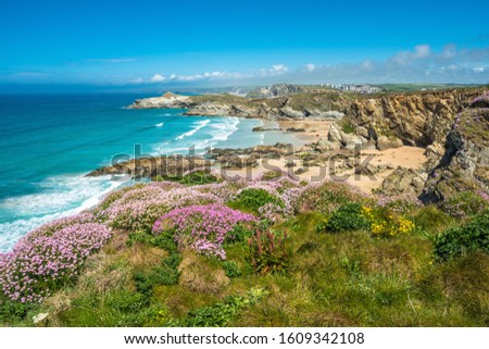 Stunning coastal scenery with Newquay beach in North Cornwall, England, UK. Royalty-Free Stock Photo #1609342108