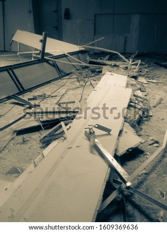 Ceiling dismantling repair Construction garbage Royalty-Free Stock Photo #1609369636