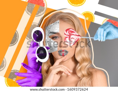 Creative collage with fashionable young woman