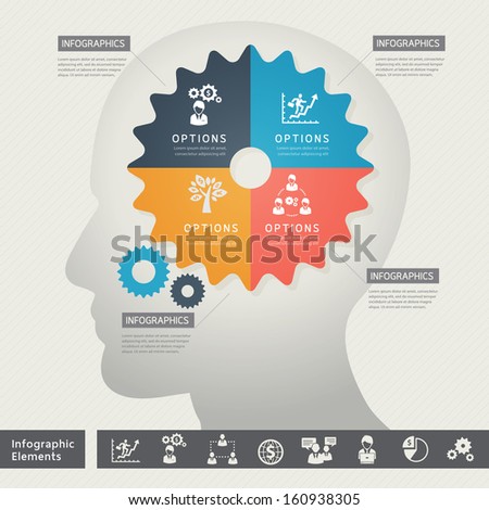 Business Thinking Concept Icons with Gear and Brain Illustration 
