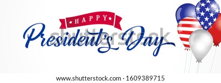 Happy Presidents Day USA balloons and flags lettering banner. Vector illustration sale discount card or poster for President`s Day 