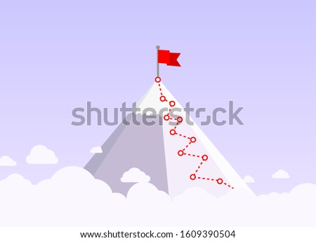 Hiking trip to the top of the mountain, In the blue sky. Vector illustration
