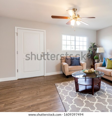 Square frame Living room with front door and bright window