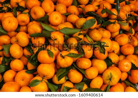 pile of tangarine fruits on fruit market Royalty-Free Stock Photo #1609400614