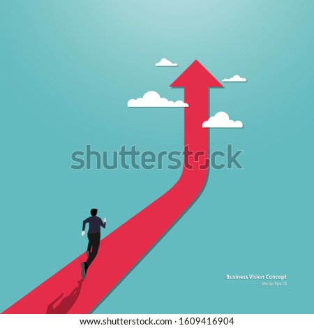 Businessman running on top of a big arrow pointing up to the success goal. Business vision concept, Achievement, Career, Leadership, Vector illustration flat