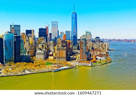 Aerial panoramic view on Skyline with Skyscrapers in Downtown and Lower Manhattan, New York City, America USA. American architecture building. Panorama of Metropolis NYC. Cityscape. Hudson. Mixed medi