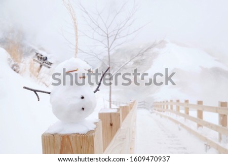 A cute little snow man on the walk way of the Hell valley, at Noboribetsu city, Japan