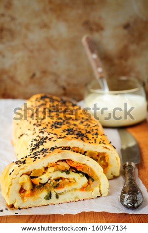 Potato Roll with Vegetable Filling, copy space for your text