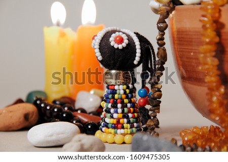 Close-up of occult altar for African Gods. Shamanism