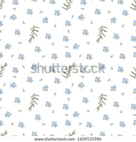 Seamless pattern of watercolor green leaves and blue flowers on a white background. Use for invitations, birthdays, menus.