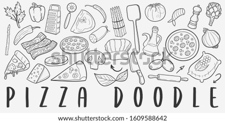 Pizza Chef Doodle Line Art Illustration. Hand Drawn Vector Clip Art. Banner Set Logos.