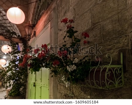 A pot of geraniums hangs on the wall on a night street in the old part of Nazareth in Israel
