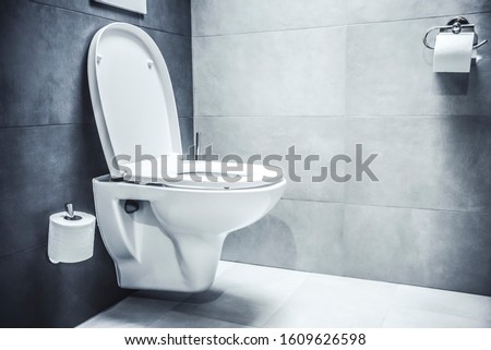 Ceramic white toilet bowl near grey wall, side light in the modern bathroom Royalty-Free Stock Photo #1609626598