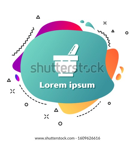 White Mortar and pestle icon isolated on white background. Abstract banner with liquid shapes. Vector Illustration