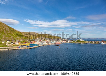 Panoramic picture of isolated Norwegian village of Honningsvag close to north cape in summer