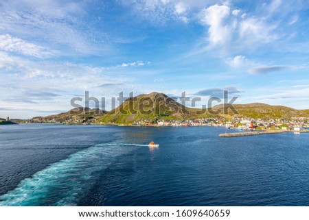 Panoramic picture of isolated Norwegian village of Honningsvag close to north cape in summer