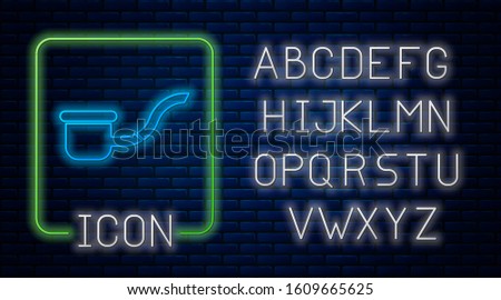 Glowing neon Smoking pipe with smoke icon isolated on brick wall background. Tobacco pipe. Neon light alphabet. Vector Illustration