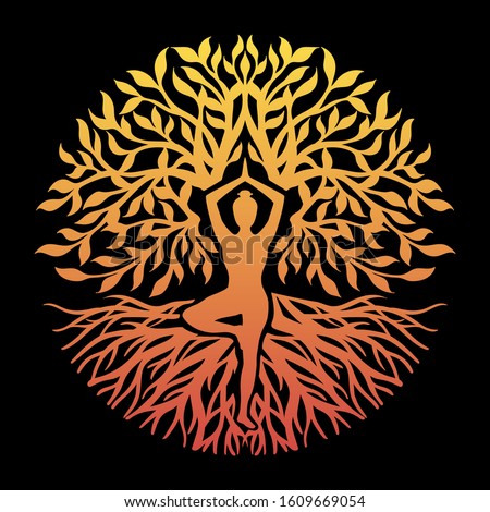 Silhouette of Tree of life with girl practicing yoga. 