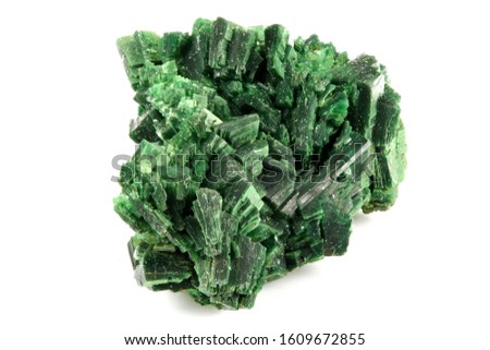 torbernite (uranium ore) from Margabal Mine, France isolated on white background Royalty-Free Stock Photo #1609672855