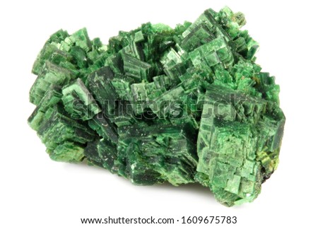 torbernite (uranium ore) from Margabal Mine, France isolated on white background Royalty-Free Stock Photo #1609675783