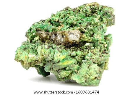 torbernite (uranium ore) from Margabal Mine, France isolated on white background Royalty-Free Stock Photo #1609681474