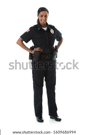 Extensive series of two police officers on white, with various props.  Also includes a child and a burglar. Royalty-Free Stock Photo #1609686994