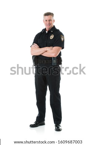 Extensive series of two police officers on white, with various props.  Also includes a child and a burglar. Royalty-Free Stock Photo #1609687003