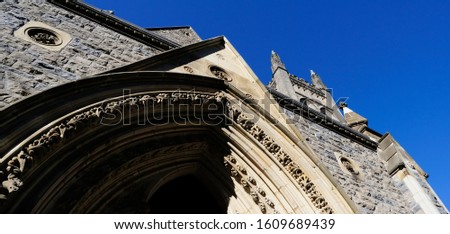 Bottom view of an ancient church in downtown Montreal, Canada