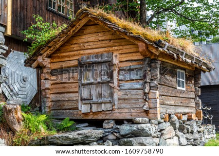Picture of an old wooden storehouse with grass roof during daytime