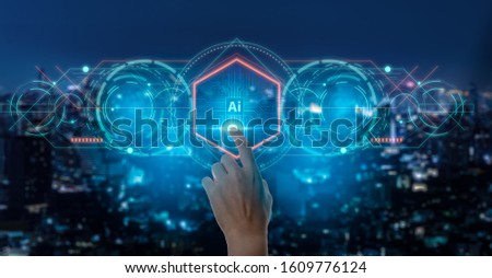 Hand touching CPU icon and hologram on city background.Artificial intelligence (AI) with machine deep learning and data mining and another modern computer technologies UI concept.