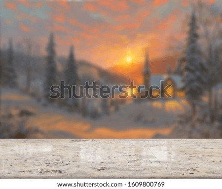 Desk of free space and amazing beauty of nature background during winter Forest Landscape.