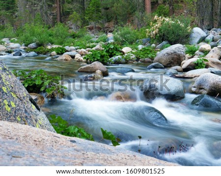 Smooth long exposure photos of rivers, streams, and running water in the beautiful outdoor nature of California forests.
