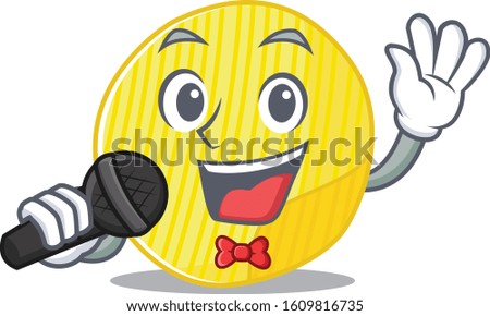 Happy potato chips singing on a microphone