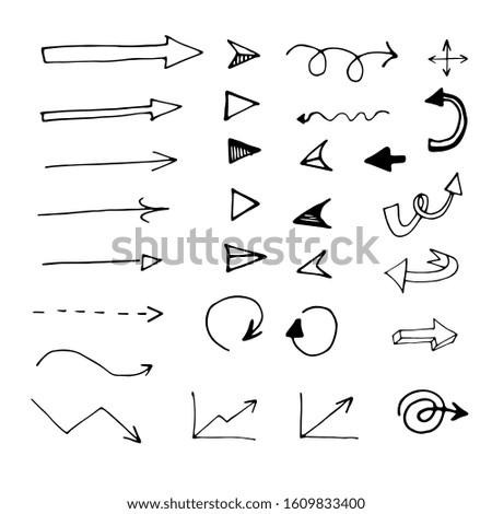 Arrows Infographic elements on white background. Black symbols for design. Hand drawn simple signs. Line art. Set of different doodles for work. Isolated on white
