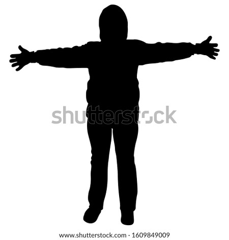 Isolated vector illustration. Human standing silhouette in hooded jacket with open arms.