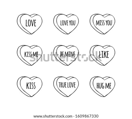 Vector hand drawn doodle set of black outline sweet heart candies isolated on white background. Bundle of flat cartoon conversation text sweets for valentines day