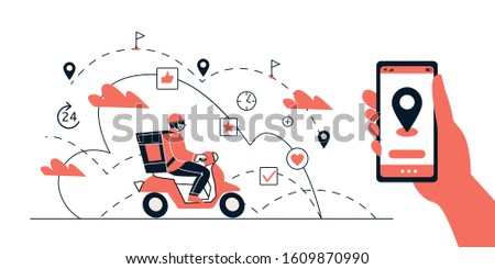 Food delivery. Application for food shipping on your smartphone, online order tracking, technology and logistics concept. A courier on a moped delivers a shipment. Vector illustration.