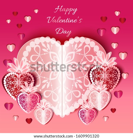 Happy Valentine's Day. Beautiful red, pink paper and silk hearts with ribbons and lace. Valentine's day concept. Romantic design for greeting cards, wallpapers, flyers, invitations. Be my Valentine.