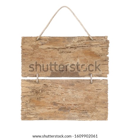 empty wooden sign decay with termites and lope for hang on white background with clipping path included.