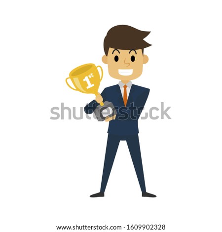 vector illustration business man holding a trophy and become a winner in 1st position - flat cartoon style.