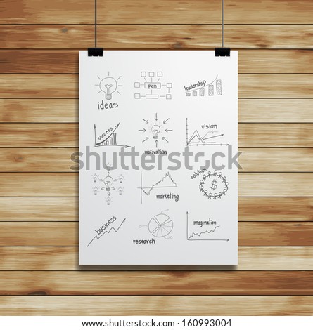 Drawing charts and graphs business strategy plan concept idea on white paper clips and wood background, Vector illustration layout template design