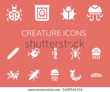 Modern Simple Set of creature Vector filled Icons. Contains such as Ladybug, Creature, Jellyfish, Grasshopper, Centipede, Anglerfish and more Fully Editable and Pixel Perfect icons.