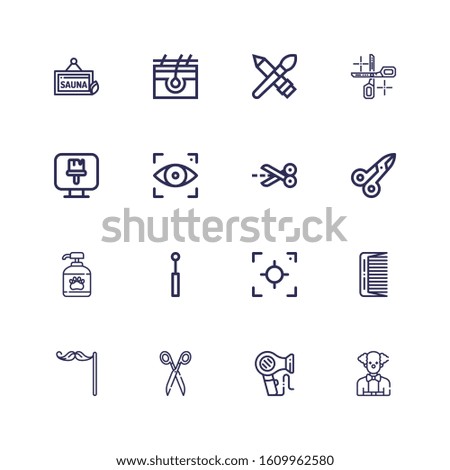 Editable 16 hair icons for web and mobile. Set of hair included icons line Clown, Hair dryer, Scissors, Mustache, Comb, Focus, Mirror, Shampoo, Paint brush on white background