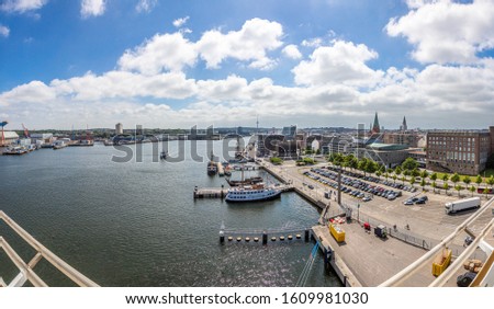 Aerial picture from the cruise ship terminal over the German city of Kiel in summer Royalty-Free Stock Photo #1609981030