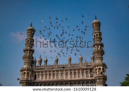 Early morning birds flying around Toli Masjid. Royalty-Free Stock Photo #1610009128