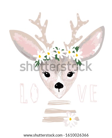 Poster with a cute deer with a wreath of daisies on his head. Delicate postcard with a deer, clip-art for design of nursery, baby shower. Vector illustration isolated on white.