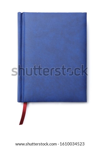 Stylish blue notebook isolated on white, top view