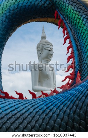 Statue of Large white Buddha In the middle cycle space of Dragon scales, Landmark at Wat Roi Phra Phutthabat Phu Manorom, Mukdahan, Thailand